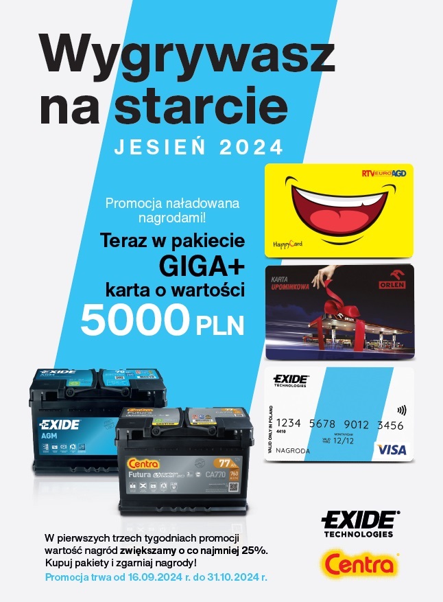 Akcja promocyjna akumulatorów Exide i Centra. Wygrywasz na starcie - jesień 2024.